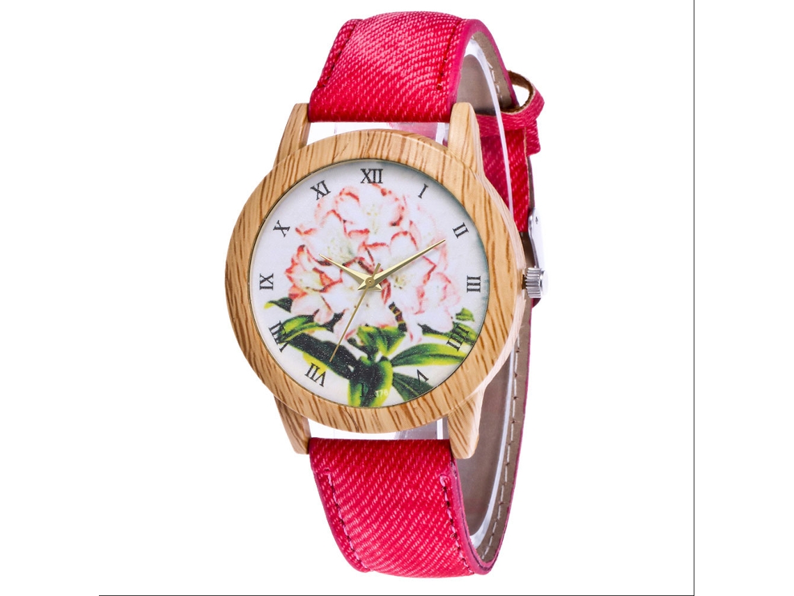 Reloj De Cuarzo Informal Para Mujer Zhoulianfa Con Correa Vaquera, Estampado Floral, Rojo.