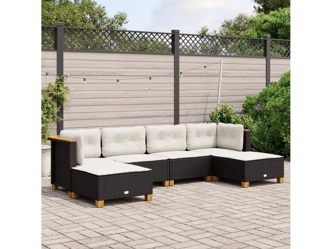 Conjunto de sofá de jardín de 6 piezas con cojines, mimbre sintético negro, DKD Home Decor