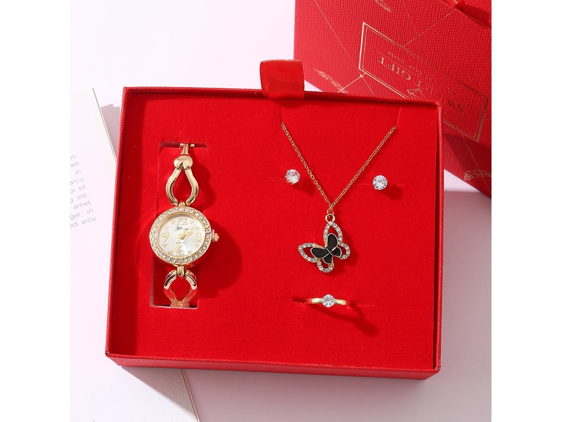 Conjunto de regalo para mujer con reloj, pendientes, collar de mariposa negra, anillo y cajas SPQMENT