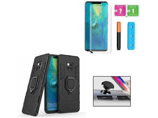 Kit Carcasa, Protector de Vidrio Nano Curved UV y Soporte Magnético Auto Huawei Mate 20 Pro PHONOCARE Militar Negro