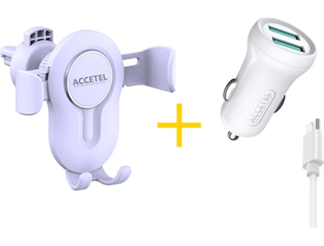Kit Cargador Coche, Cable Micro USB y Soporte Móvil ACCETEL CC264 SP-118 (Blanco)