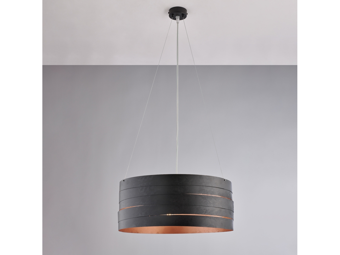 Lámpara colgante Mambo en hierro lacado negro con decoración exterior negra. Interior en cobre envejecido con cables de acero ajustables. 3 luces 120 45 Belight