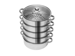 Vaporera, diseño de 5 pisos, construcción de acero inoxidable, color plata.