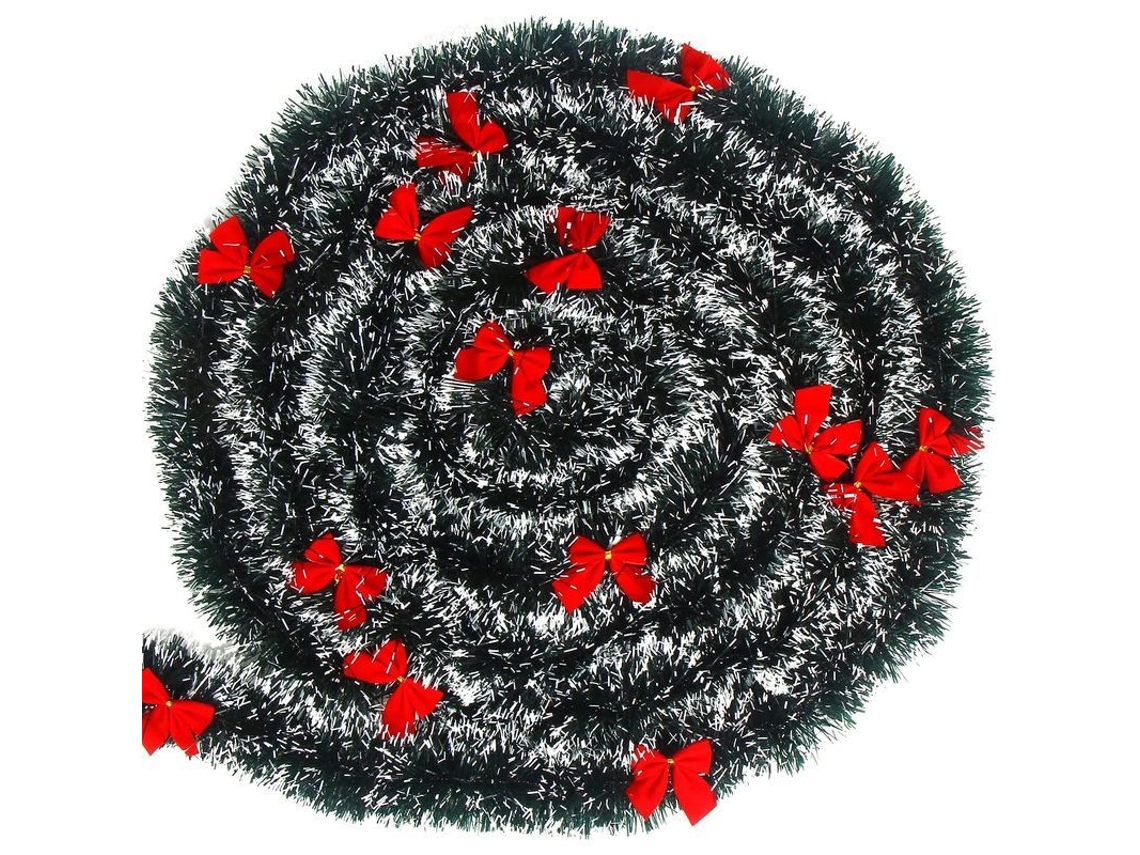 Guirnalda De Tinsel Navideño 2m Verde Oscuro Con Lazo Rojo Decoración De Navidad