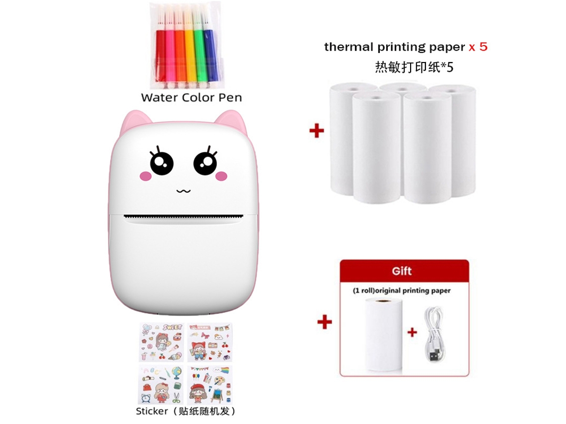 Impresora Térmica Inalámbrica De 203 Dpi. Impresión Sin Tinta Con Papel De Impresión, Bolígrafo De Acuarela Y Pegatinas Para Ios Y Android, Color Rosa. GERTIZ