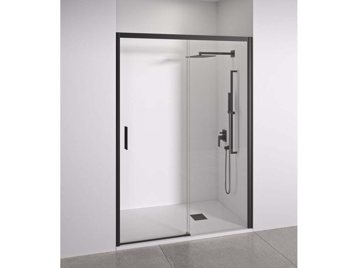 Puerta de ducha corredera, frontal corredera, fija, cristal antical de 6 mm, perfiles negro mate, ancho de 125 a 130 cm, puerta izquierda, Bellobath