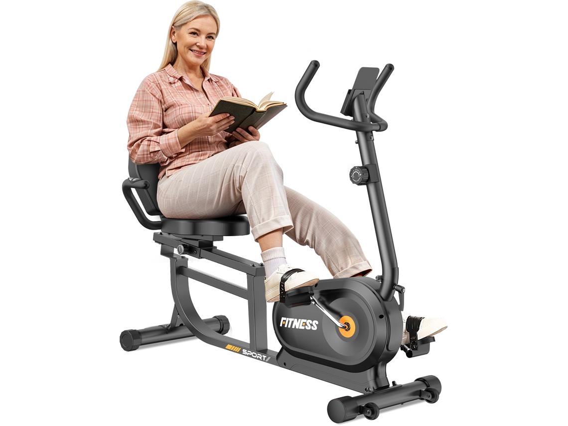 Bicicleta estática horizontal Racingreat X1 (Volumen de inercia: 3 kg - Soporta hasta 180 kg - Asiento ajustable - 47x118x108 cm - Negra - Acero)