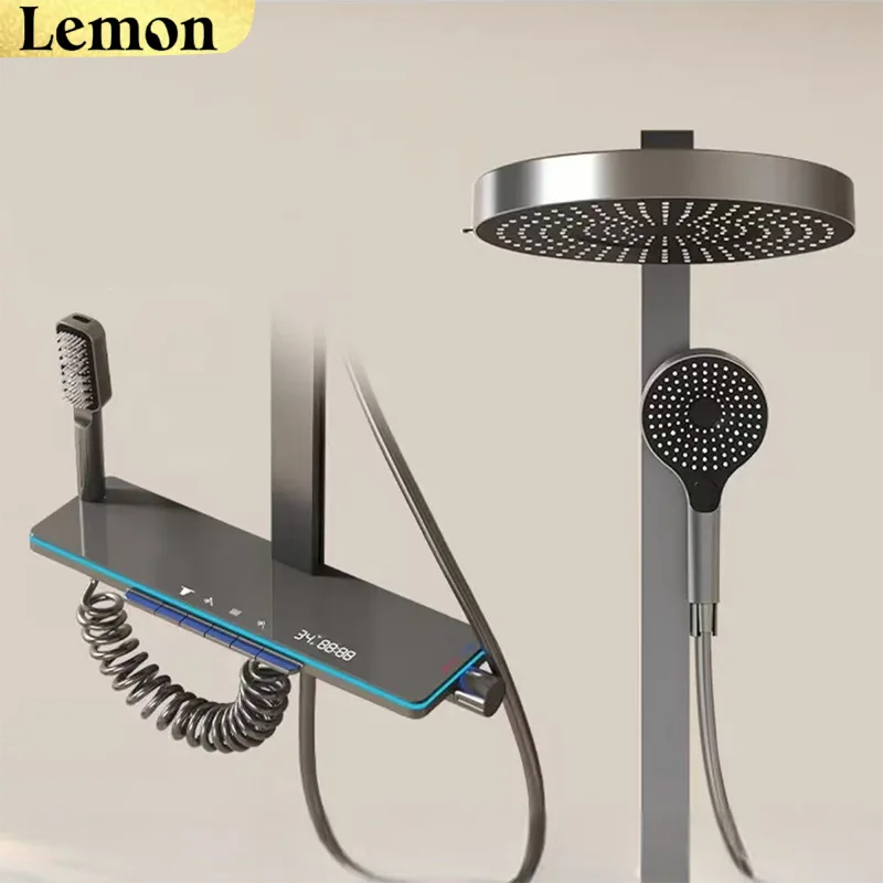 (gris Plomo) Conjunto De Ducha Para Baño Con Grifo Mezclador De Agua Fría Y Caliente Y Pantalla Led.