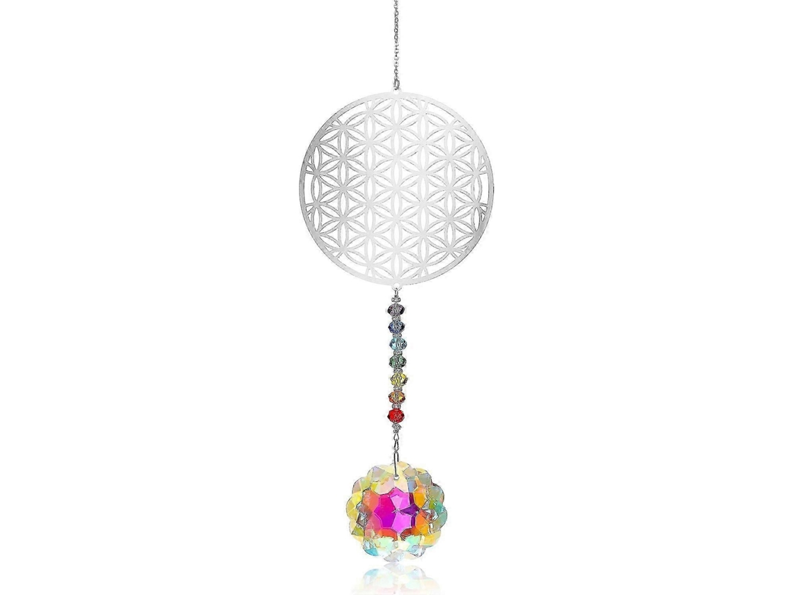 Atrapasol de metal cristalino 3D con Flor de la Vida, Girasol, Prisma y Arcoíris - Decoración Feng Shui