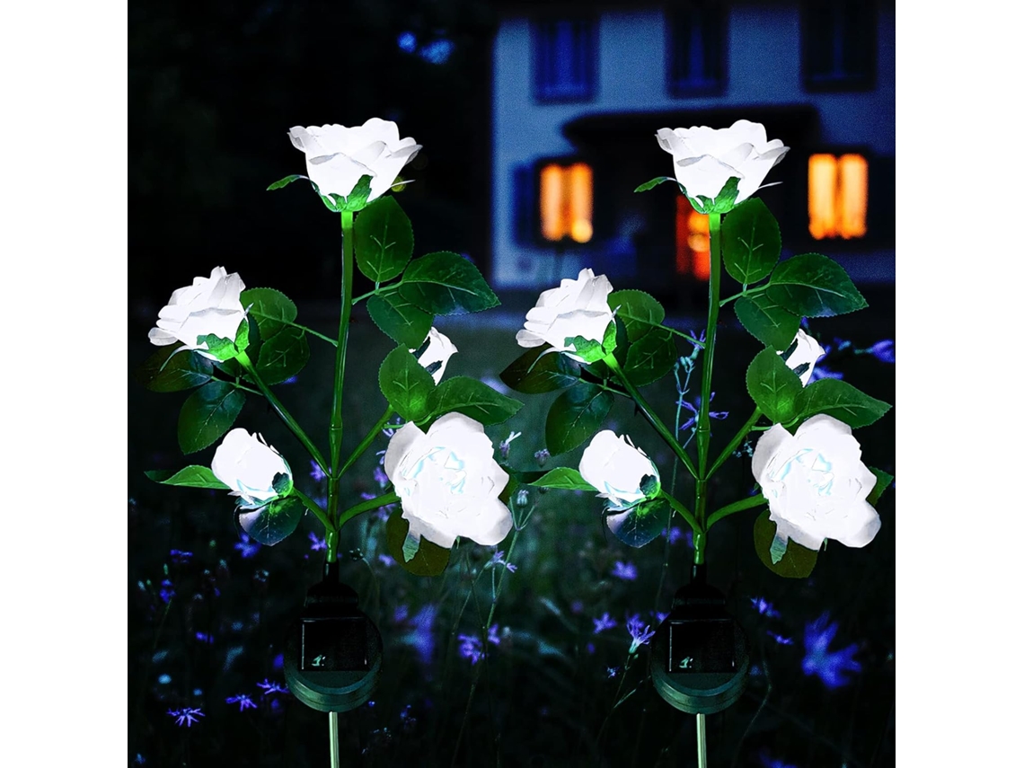 Luces solares para jardín: luces LED solares con forma de rosa, flores más grandes y panel solar ancho (blanco, juego de 2 piezas).
