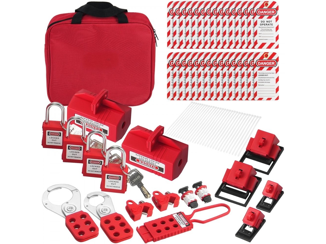 Kit de bloqueo eléctrico de 47 piezas con 4 candados no conductores con 2 llaves, 8 dispositivos de bloqueo de disyuntores, cerrojos de acero/nailon y bolsa de poliéster - Tekmaquinas
