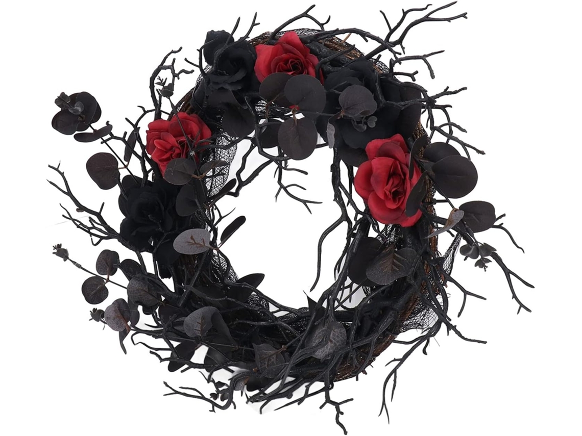 Preciosa Corona Negra De Halloween Con Ramas Artificiales Y Flores Rojas