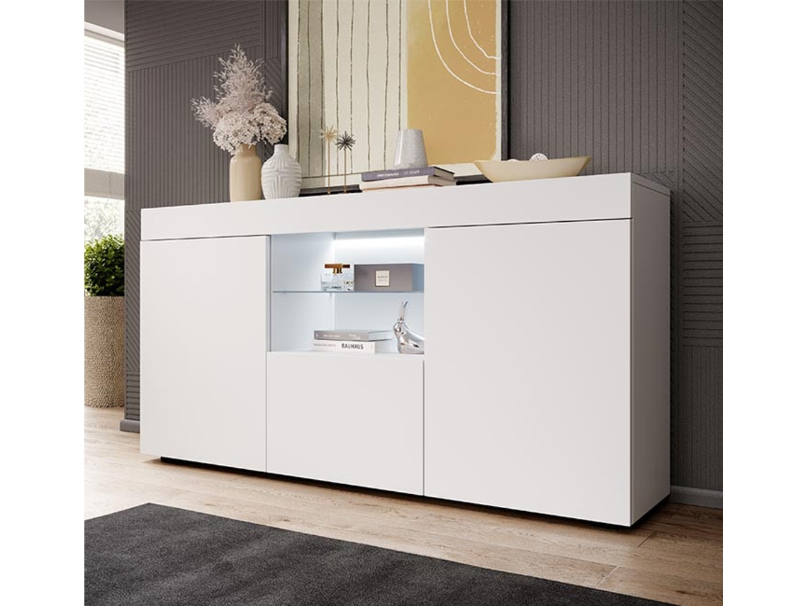 Aparador Elma de 135 cm con luz LED blanca mate de diseño moderno MOVEIS BONITOS
