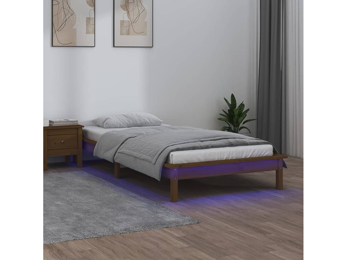 Estructura De Cama Con Led Madera Maciza Marrón Miel 100x200 Cm