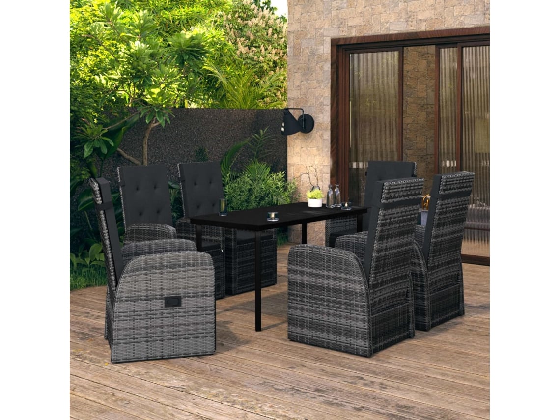 7 Piezas Conjunto De Jantar Para Jardim Com Almofadões Cinzento Dkd Home Decor