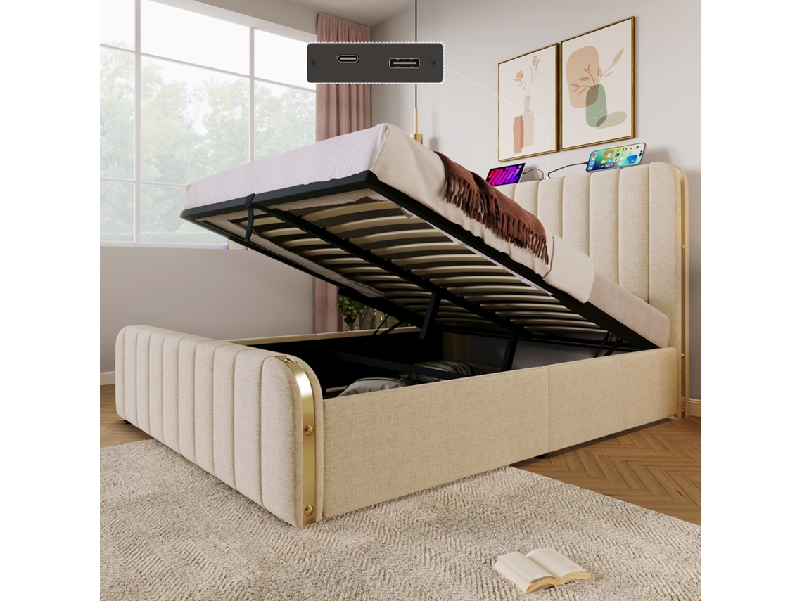 Cama De Terciopelo Beige De 160x200 Con Cabecero Dorado Y Usb-c.