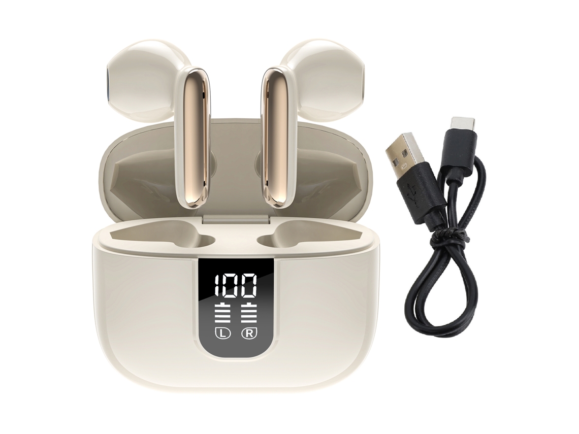 Auriculares Inalámbricos Bluetooth Con Cancelación De Ruido, Resistentes Al Agua Y Estuche De Carga Beige.
