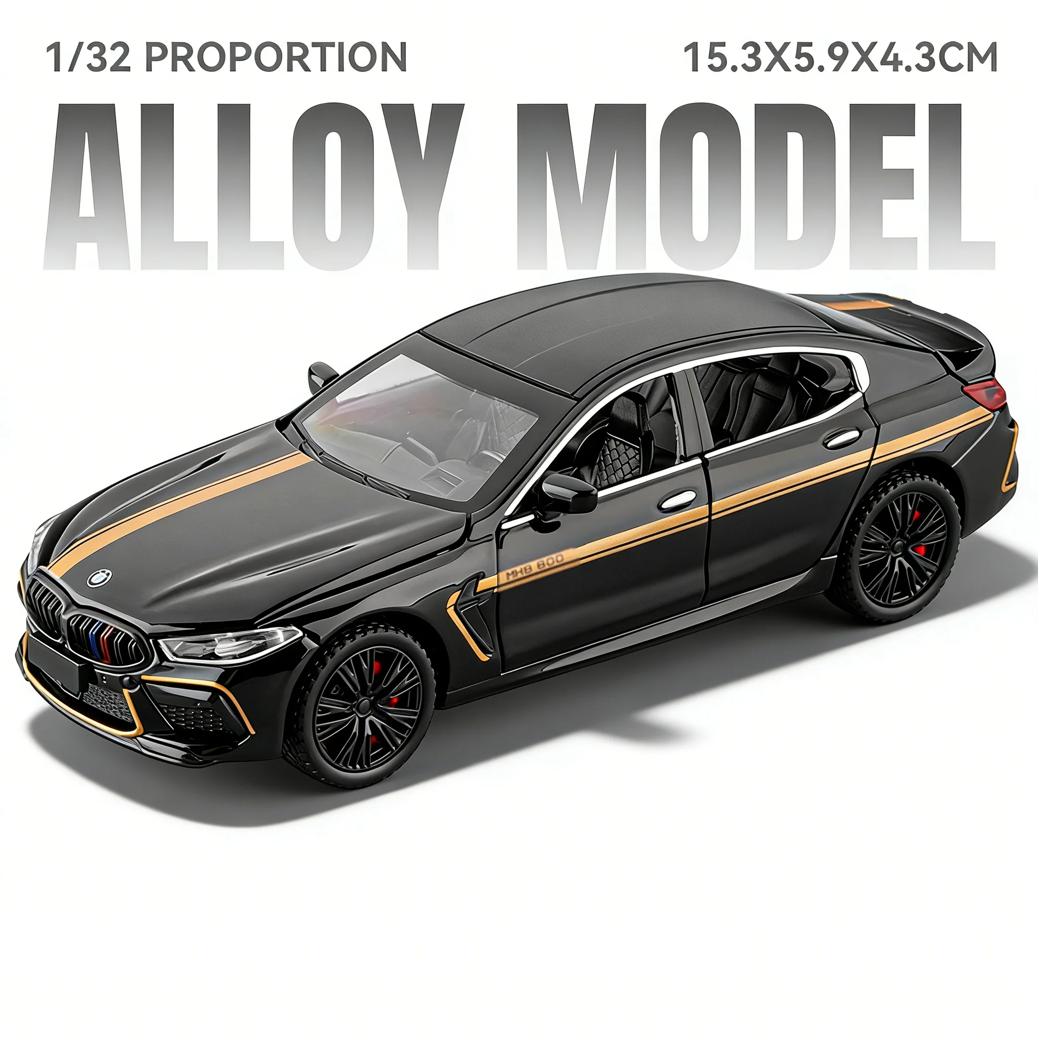 (m8 Negro) Escala 1:32 - Modelo de coche deportivo, puertas que se abren - Efectos de sonido y luz