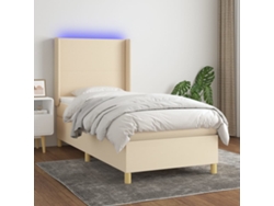 Cama Box Spring Colchón Y Luces Led Tela Crema 90x200 Cm