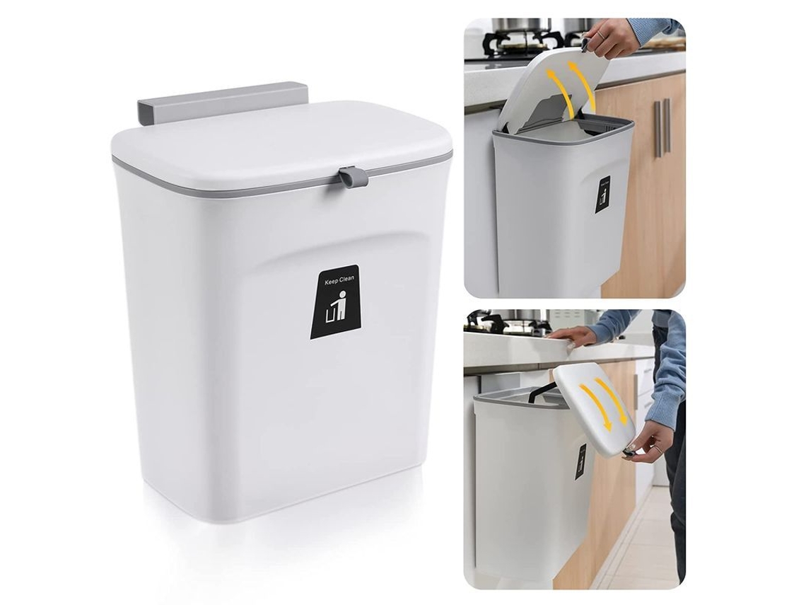 Cubo De Basura Colgante Para Cocina Con Tapa, 9l, Blanco, Para Armario, Fregadero, Baño, Oficina, Caravana.