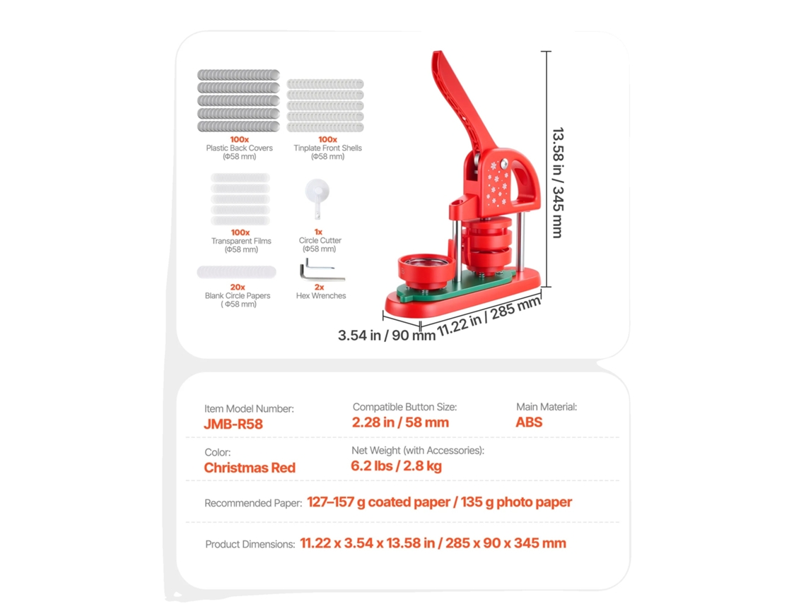 Máquina para hacer botones, diseño ergonómico, precisión mejorada, 58 mm, color rojo.