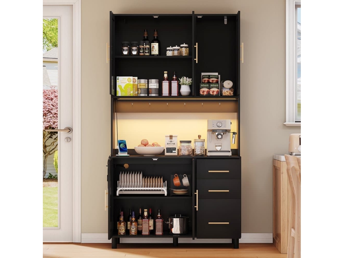 Buffet 183 Cm - Con Luces Led Controladas Por App, 2 Usb, 2 Enchufes, Estantes Ajustables, 3 Cajones, Asas Metálicas Doradas - Negro