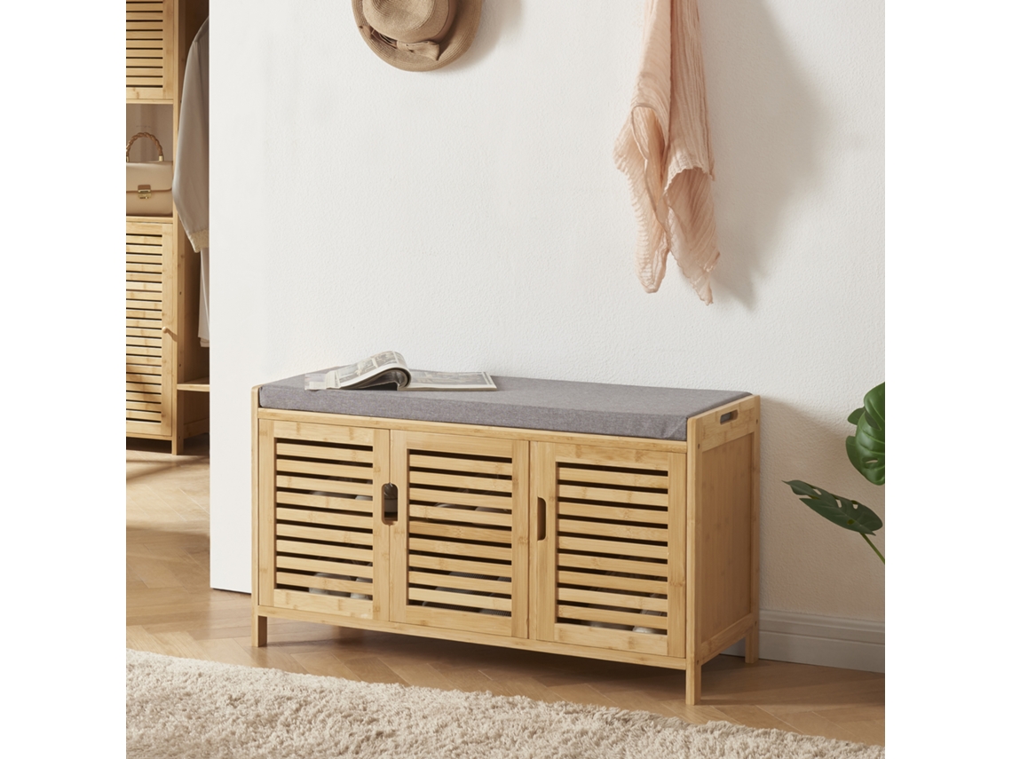 Banco Zapatero Selk con estante inferior y puertas bambú tela 50 x 90 x 35 cm - Gris y Color natural [EN.CASA]