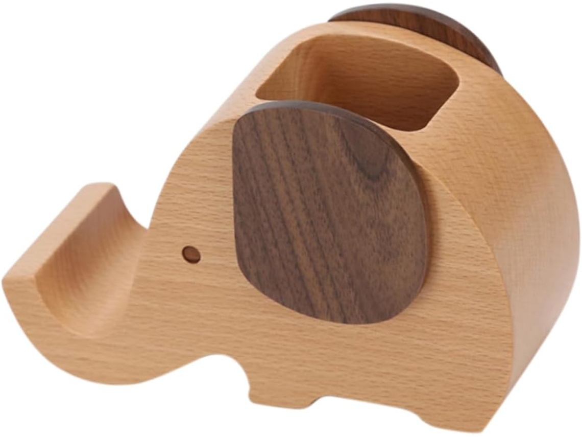 Portalápices Mediano De Madera Con Forma De Elefante Y Soporte Para Teléfono Integrado.