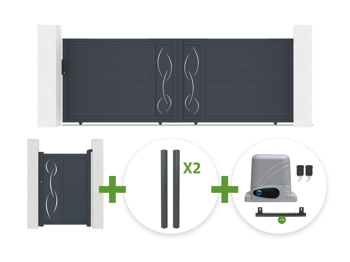 Puerta Corredera 4 M Life Alt. 140 Cm Gris + Puerta Peatonal 1 M Life Alt. 140 Cm Gris + 4 Postes Elda + Motorización Ranger C300
