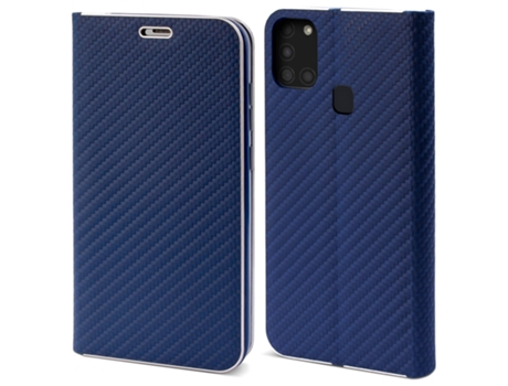 Funda tipo cartera MOOZY para Samsung A21S en carbono azul oscuro - Protección de borde metálico con cierre magnético y soporte para tarjetas.
