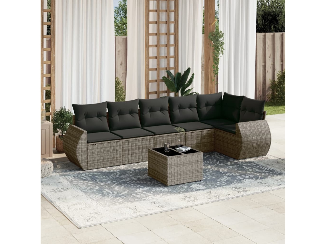 Conjunto de sofá de jardín de 7 piezas con cojines, mimbre gris, DKD Home Decor