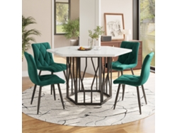 Juego De Comedor 5 Piezas - Mesa Hexagonal Mármol + 4 Sillas Terciopelo Verde - Blanco/verde
