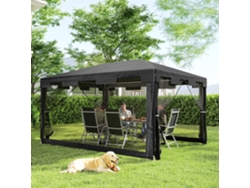Gazebo De Exterior 4x3m Com 4 Telas Mosquiteiras Laterais, 2 Portas Com Zíper E 6 Orifícios De Drenagem, Cinza Escuro.