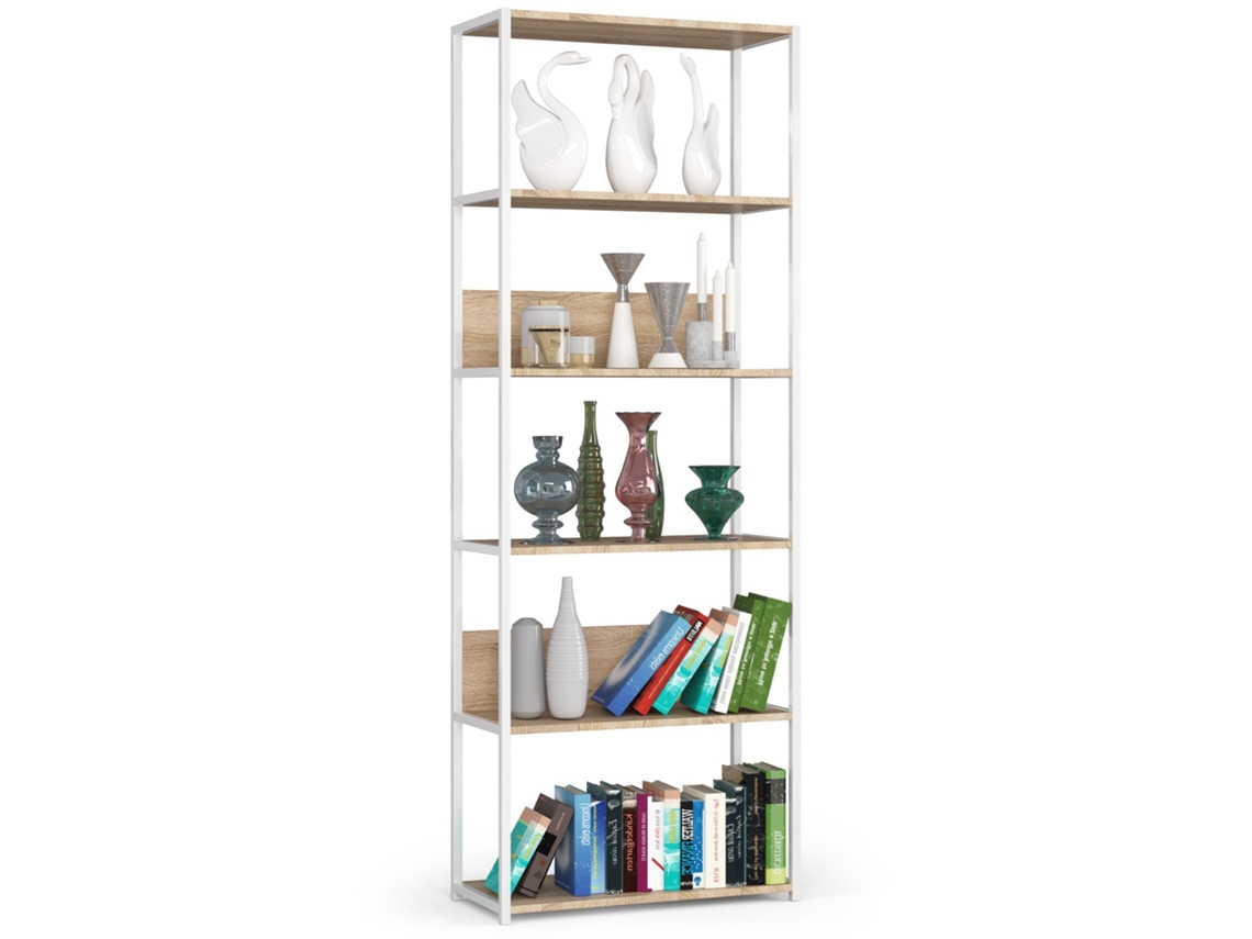 Estantería Loft 70 Cm Akord Metálica Blanco Con 6 Estantes En Roble Sonoma 70x32x191 Cm