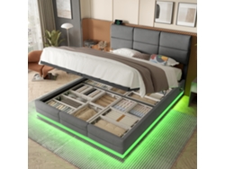Cama Terciopelo Gris 160x200 Cm, Almacenamiento, Led, Usb-c, Cabecero Ajustable, Hidráulica, Sin Colchón.