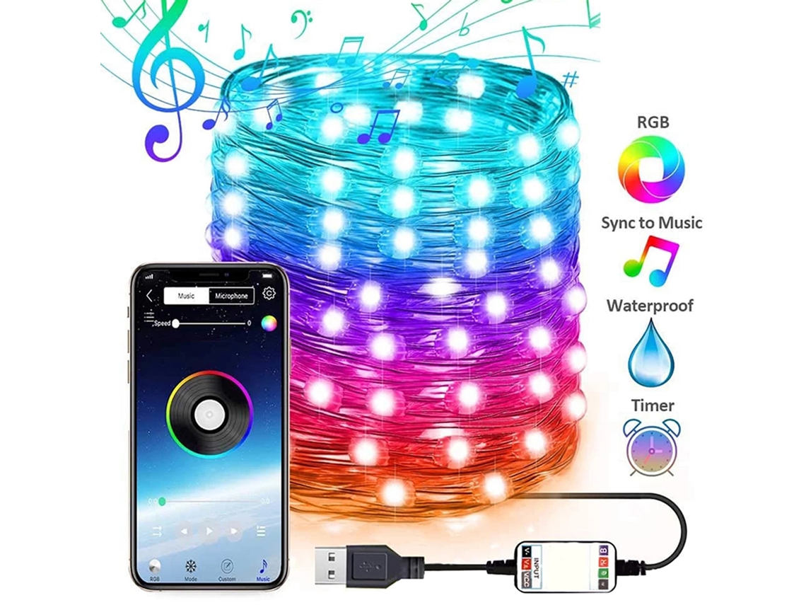 Guirnalda de luces LED navideñas con Bluetooth y USB, 20 m, 200 LED