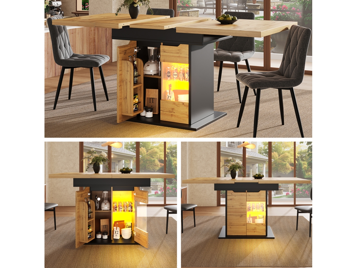 Mesa De Cocina Extensible Para 4-6 Personas, Mesa Telescópica Con Led, Con Almacenamiento Para Bocadillos Y Puertas De Armario, Diseño Compacto.
