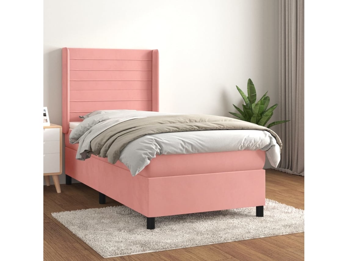 Cama Box Spring Con Colchón Terciopelo Rosa 90x190 Cm