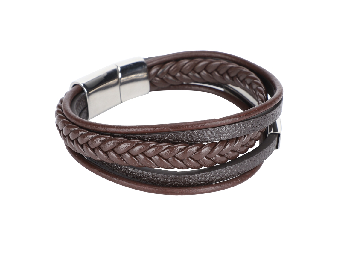 Pulsera Retro De Cuero Trenzado De 20,5 Cm Con Cierre Magnético Versátil, Color Marrón.