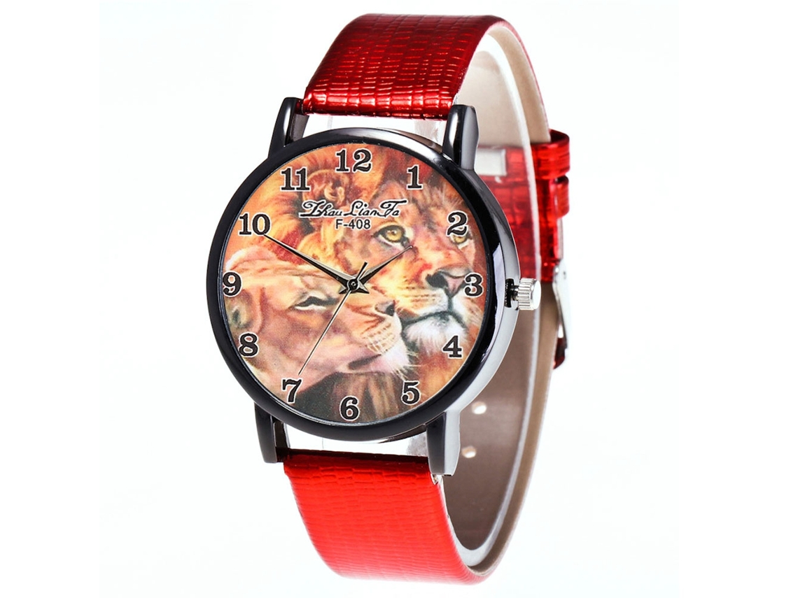 Reloj De Cuarzo Con Correa De Cuero Pu Para Hombre Y Mujer, Diseño León Tigre, Rojo