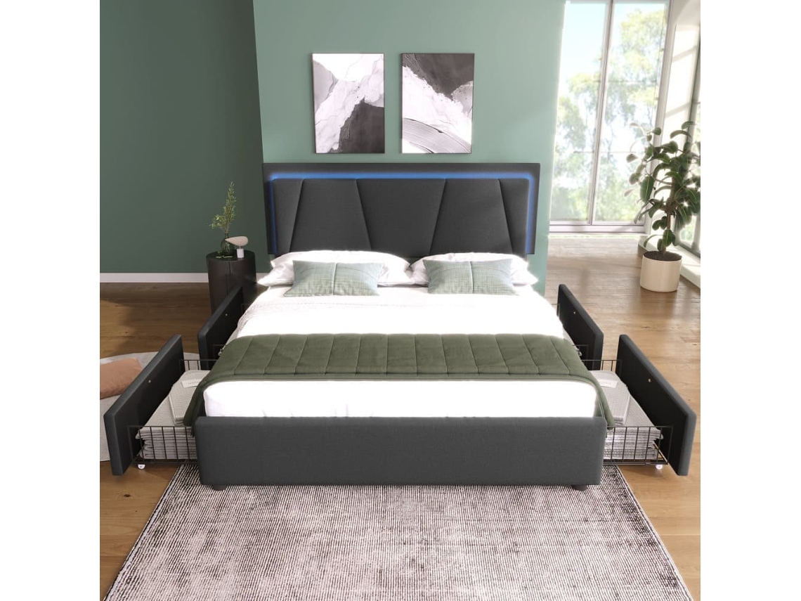 Cama Tapizada 140x200cm - Con Led, 4 Cajones, Cabecero Ajustable, Somier De Madera - Gris