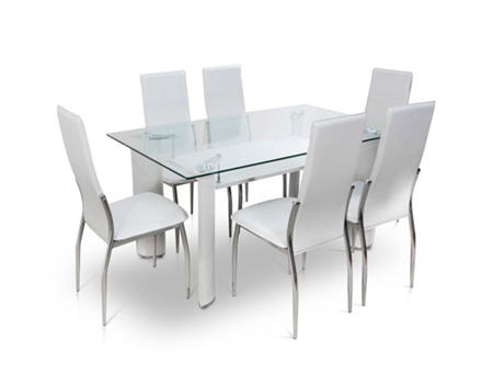 Mesa de Cristal Templado 6 Sillas en Polipiel/Metal Blanco 150x90 cm
