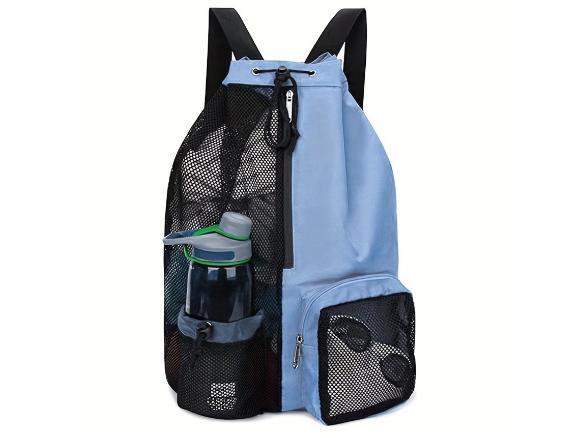 Bolsa de natación de malla azul con cierre de cordón, cuenta con un bolsillo impermeable, ideal para nadar y actividades físicas.