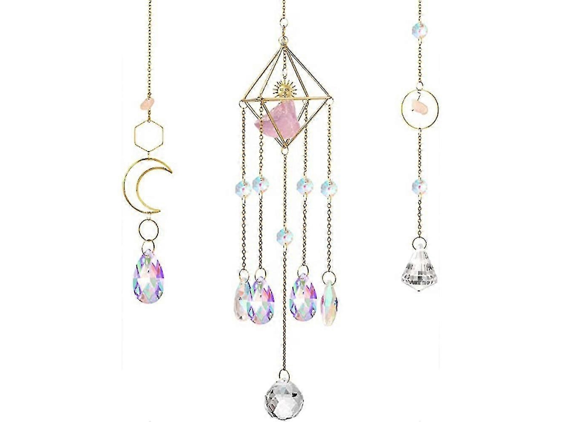 Conjunto de 3 adornos colgantes de cristal, con prismas, arcoíris y luna, ideales para decoración de bodas y fiestas.