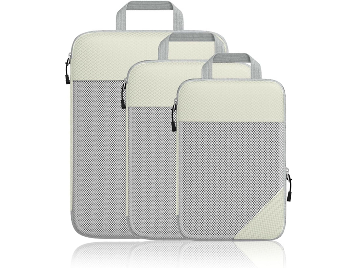 Cubos De Embalaje De Compresión, Juego De 3 Piezas De Bolsas De Almacenamiento De Malla Elástica CHRUI De Color Blanco Roto