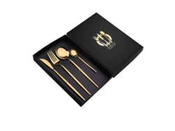 Juego de cubiertos de acero inoxidable MDUG con cuchillo, tenedor y cuchara, acabado dorado (4 piezas)