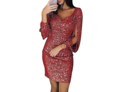 Vestido corto de lentejuelas para mujer con escote en V profundo, mangas largas con borlas y purpurina, rojo Rgv4xl
