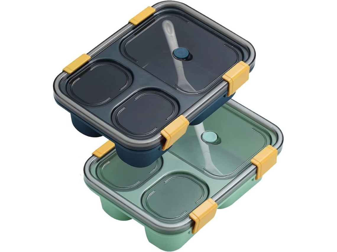 Pack De 2 Bento Con 3 Compartimentos 850ml Pp Resistente Al Calor Para Niños Y Adultos Oficina Escuela Azul/verde