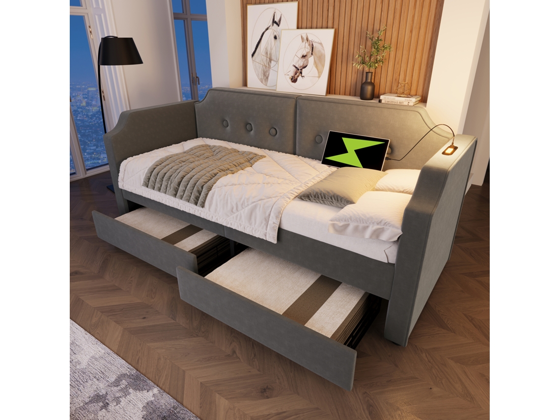 Sofá Cama De Terciopelo Gris De 90x200 Cm, Led, Usb-c, 2 Cajones, Multifuncional.