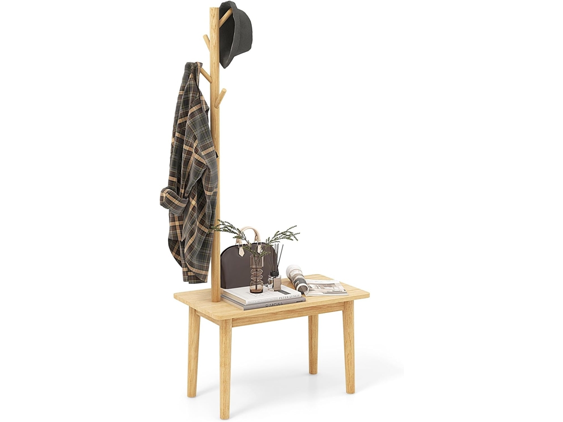 3 en 1 Perchero de Pie y Mesa Auxiliar, Perchero de Madera Maciza con 4 Ganchos para Sombreros, Bolsos y Abrigos, Perchero Con Banco (Natural) COSTWAY